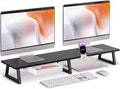 TEAMIX 42 inch Dual Monitor Stand with Storage Drawer & Phone Holder, Black | Laptop, PC, Printer, TV Stand Riser, Wood & Steel, Holds 300lbs, Keyboard & PS5 Storage underneath, For Home Office & Gaming by TEAMIX