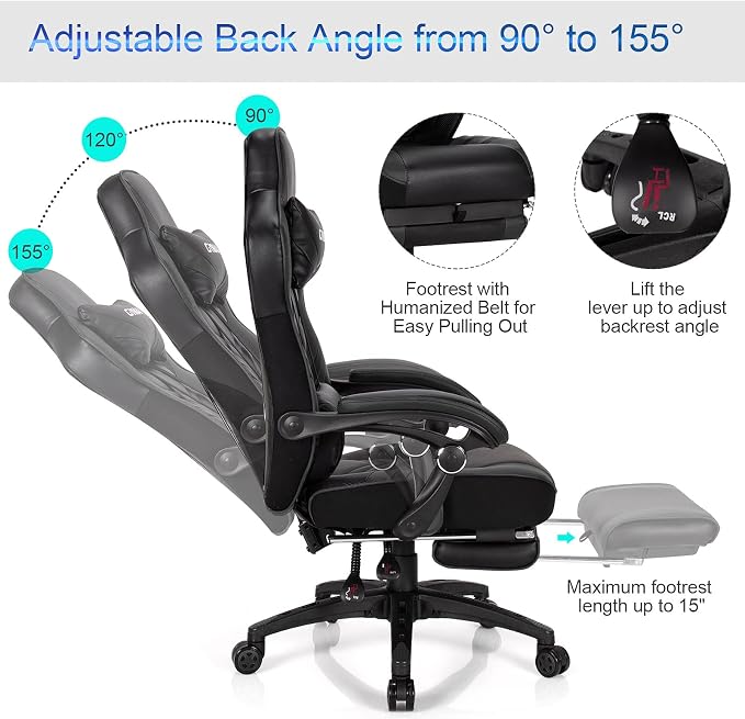 GYMAX Gaming Chair, Ergonomic Computer Chair with Footrest, Linkage Armrests & Lumbar Cushion, Big Wide High Back Video Gaming Chair, Reclining Office Rolling Chair for Adult/Teens (Black) - Image 6