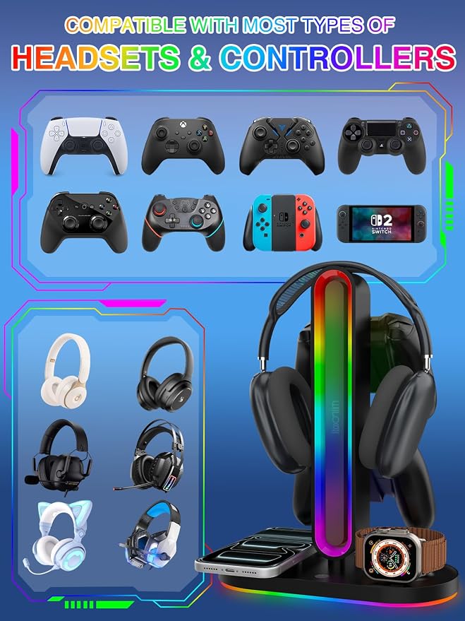 RGB Headset Stand with Wireless Charger, 8-in-1 Charging Station for iPhone, Samsung, Apple Watch Type-C/USB Ports, Gaming Headphone & Controllers Holder, Organizer for Desk Includes 20W PD Adapter - Image 2