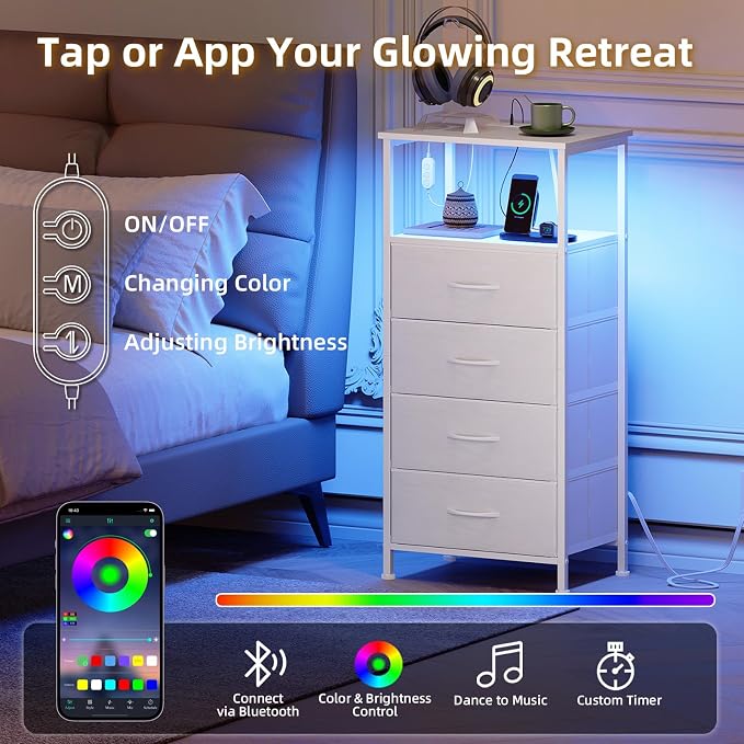 Somdot Tall Nightstand with 4 Drawers, Charging Station & LED Light - Image 4