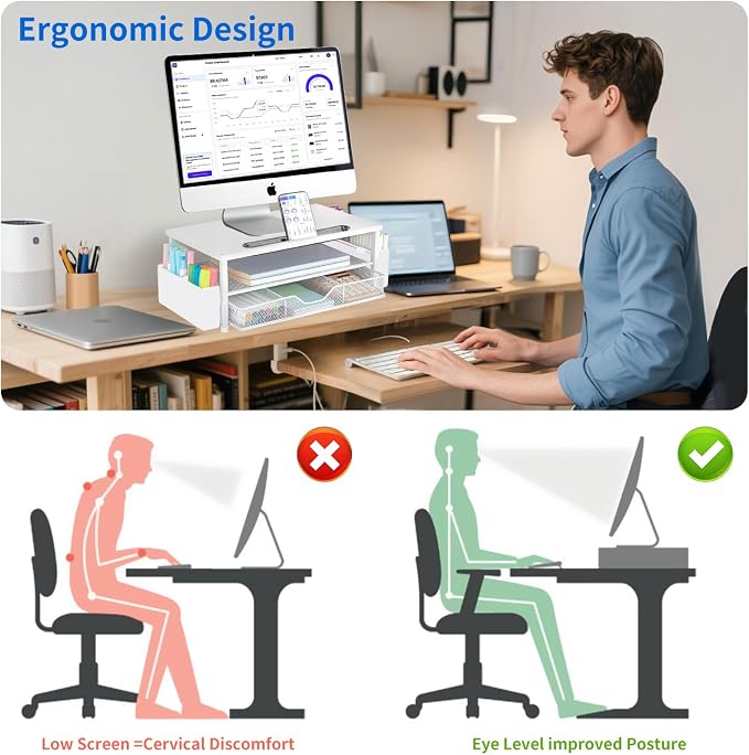 AUPSEN White Monitor Stand Riser, 2-Tier Wood Computer Desk Organizer with Drawer, Pen Storage & Phone Holder, Office Desk Accessories Desktop Organizer for Office Supplies (White) - Image 2