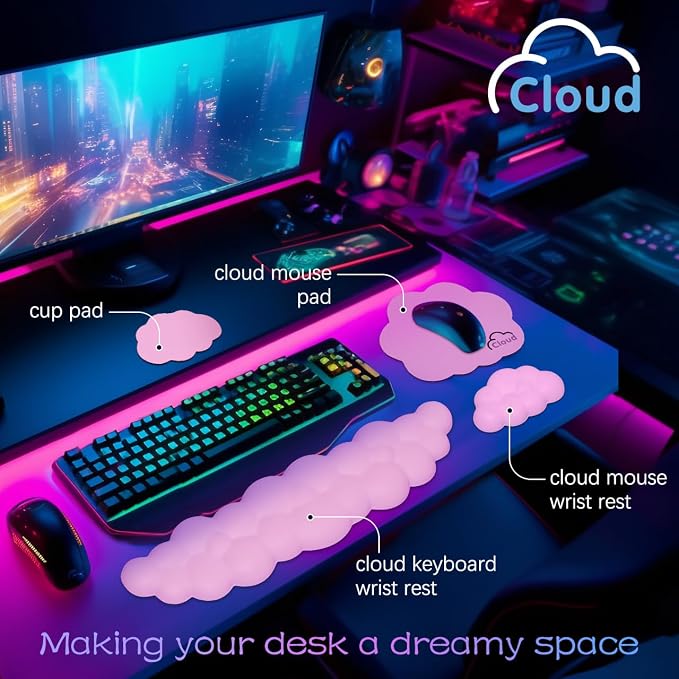 4 in 1 Ergonomic Leather Cloud Wrist Rest Keyboard and Mouse Pad & Coaster | Full 4-Piece Set, Non-Slip PU Base, Soft Memory Foam Comfort For Long Work/Gaming Hours, Cute Desk Decor, Easy To Clean - Image 2