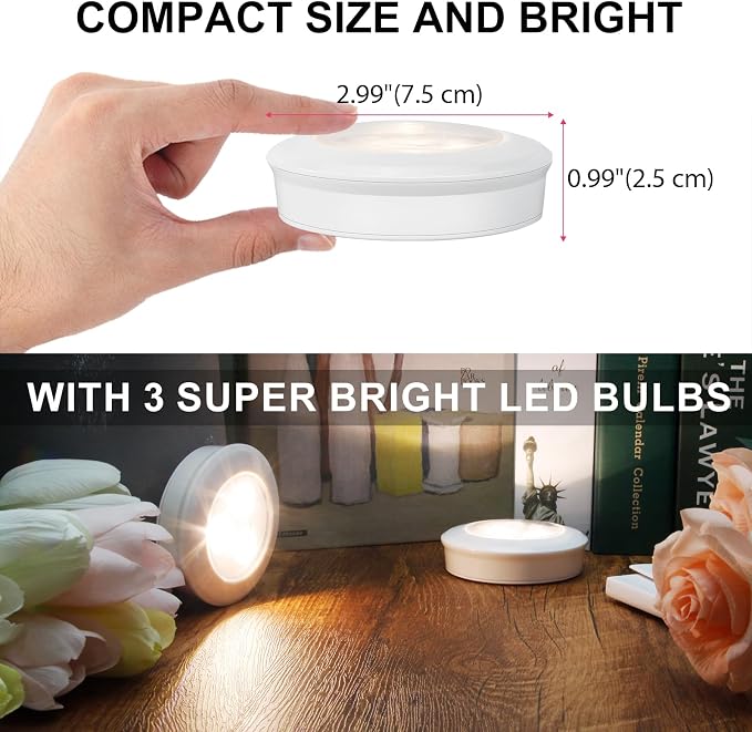 LUXSWAY LED Puck Light, Ultra-Thin Touch Light, Battery Operated, Tap Lights, 60 Lumens, Stick on Lights, Under Cabinet Lighting, Ideal for Kitchen Cabinets, Closets, Garage and More, 3-Pack, White - Image 4