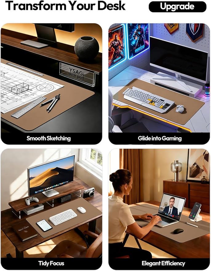 YSAGi Desk Protector&Blotter, Non-Slip Waterproof Leather Mouse Pad | Shields Scratches, Stains, Spills, Heat & Scuffs; Suede Non-Slip; Easy-Clean; Comfy Writing/Typing, 31.5" x 15.8",Khaki - Image 2