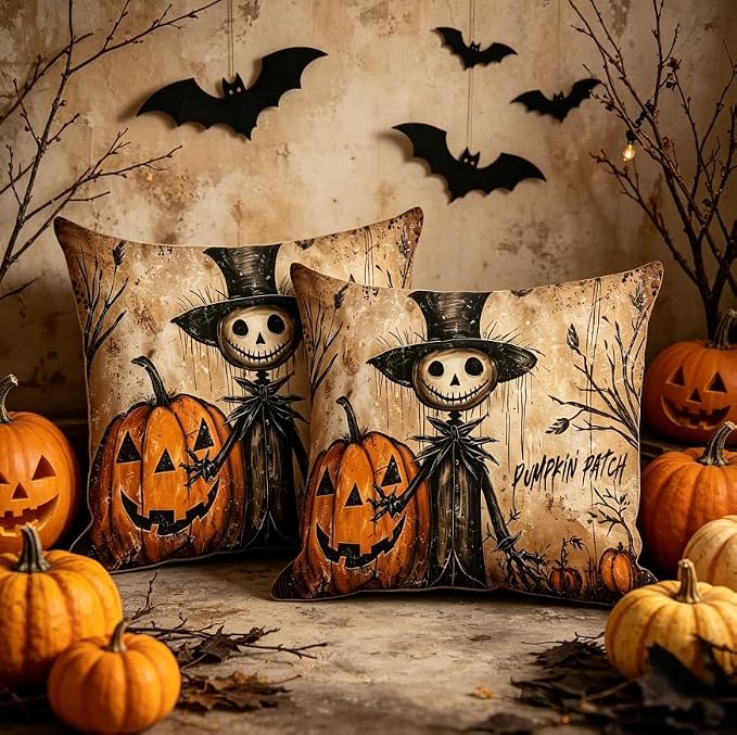 Halloween Throw Pillow Covers, Pumpkin Ghost Skeleton Design, Linen, 18x18 Inch, Set of 2, Farmhouse Style, Living Room Decor - Image 5