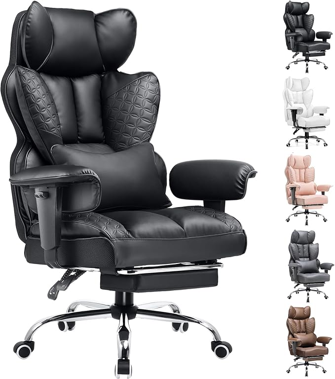 COMHOMA Big and Tall Office Chair Heavy Duty Wide Ergonomic Gaming Chair with Deluxe Embossing Leather with Foot Rest 150°Reclining Adjustable Armrests Pocket Spring Back Support and Without Pillow by ComHoma