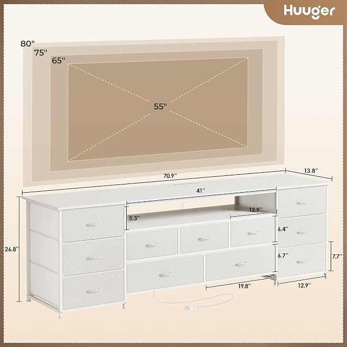 Huuger 70 Inch TV Stand for 75, 80 Inch TV, 11 Drawer Long Dresser with Power Outlets and LED Lights, Entertainment Center with Storage, White Dresser with PU Leather Surface - Image 3