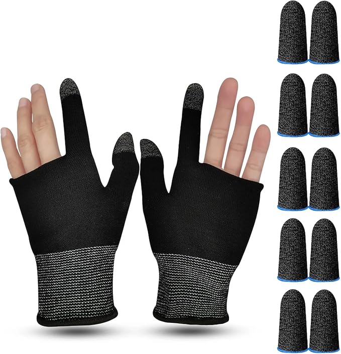 Mobile Game Finger Sleeves, Sweat-proof Fingertip Covers - 10 Finger Touchscreen Control, Seamless Thumb, 1 Pair Glove (10 Fingers & 1 Pair Glove) by Unknown
