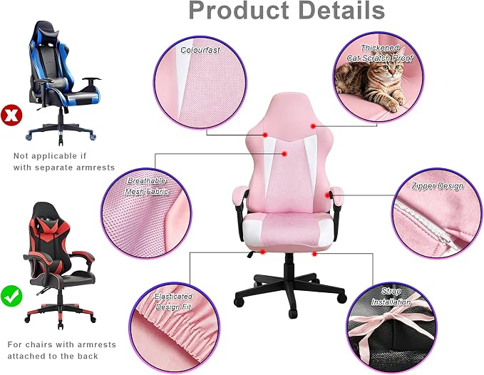 Gaming Chair Covers Only,Stretchable Fit Thick Breathable Mesh | Cat Scratch Proof,Scratch Resistant,Soft,Gaming Chair Seat Cover with 2Pcs Armrest Slipcovers(Pink-white,Style 1) - Image 6