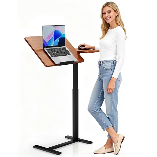 Simple Deluxe Standing Rolling Desk with Hidden Casters, Height Adjustable Pneumatic Mobile Laptop Desk, Tilting Bedside Table for Laptop, Overbed Bedside Table Hospital Home Use, Brown by SimpleDeluxe