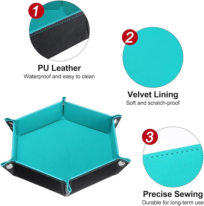 HARFINGTON PU Leather Dice Tray Unisex Valet Tray Folding Hexagon Tray Portable Entryway Table Nightstand Bedside Desk Holder for Key Wallet Watch Coin Jewelry, Light Blue - Image 4