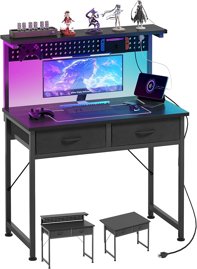 MUTUN Small Desk with Drawers, 31 Inch Computer Desk with Power Outlet & LED Light, Gaming Desk with Adjustable Monitor Stand & Pegboard, Modern PC Study Writing Table for Bedroom, Black by MUTUN