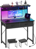 MUTUN Small Desk with Drawers, 31 Inch Computer Desk with Power Outlet & LED Light, Gaming Desk with Adjustable Monitor Stand & Pegboard, Modern PC Study Writing Table for Bedroom, Black by MUTUN