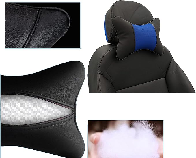 Car Neck Pillows Both Side Pu Leather 2pieces Pack Headrest Gogodog Fit for Most Cars Filled Fiber Universal Car Pillow (Black Blue) - Image 3