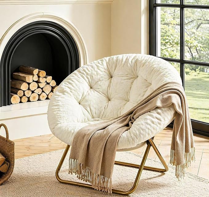 Simple Deluxe Saucer Chair, Round Foldable Reading Chairs, X-Large Size Cozy Papasan Chair, Comfy Furry Padded Moon Chair, Round Dorm Chairs for Bedroom Living Room, White by SimpleDeluxe