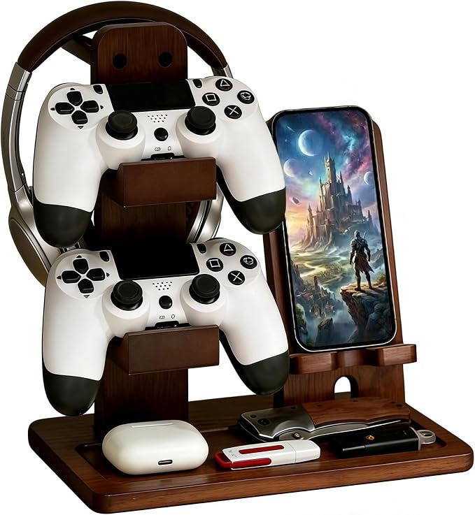 Wooden Headset Controller Stand Controller Holder Gamer Gifts | Controller Stand for Desk | Gaming Controller Organizer Rack, Fits Gamepad, Xbox, PS4, PS5, Gift for Son, Husband, Boyfriend by Velavow
