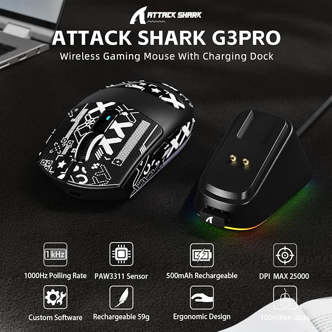 ATTACK SHARK G3 PRO Tri-Mode Wireless Gaming Mouse with RGB Charging Dock - Image 2