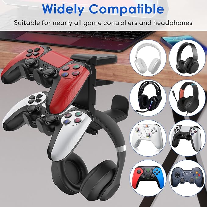 3 In 1 PC Gaming Headphone & Controller Stand Holder, Clamp On Headset Hanger with 360° Rotation Hook, Under Desk Cable Clip Organizer Earphone Storage Rack, Universal XBOX PS5 PS4 Switch Gift, Black - Image 2