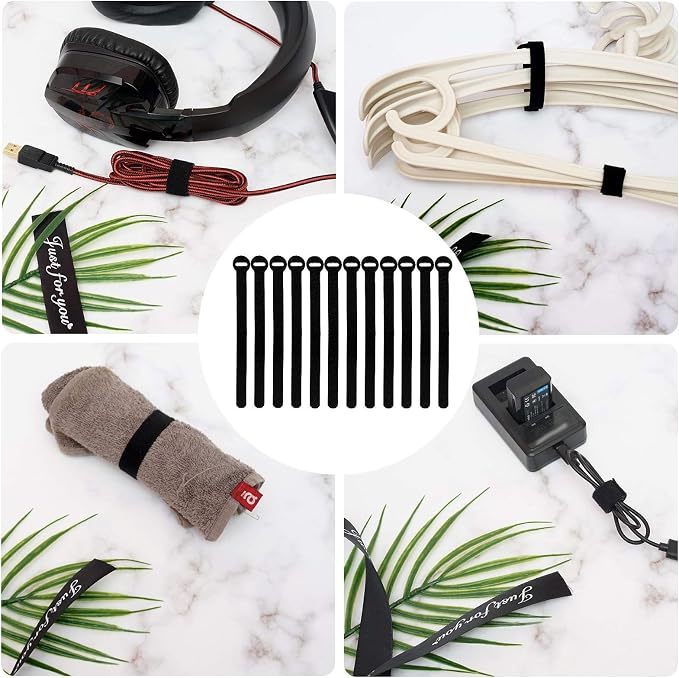 60pcs Reusable Fastening Cable Ties, 8-Inch Cable Straps Cable Management, Multi-Purpose Hook & Loop Cord Organizer Wire Ties, Adjustable Cable Organizer Cord Ties, Microfiber Cloth Straps, Black - Image 5