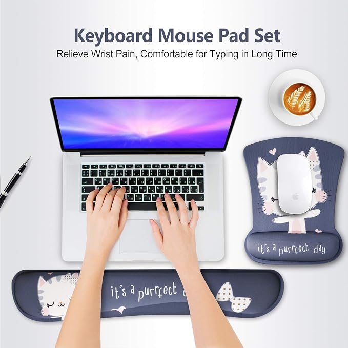 ToLuLu Keyboard Mouse Pad Wrist Rest, Gel Ergonomic Mouse Pads for Computer Laptop Office Home, Comfortable Mousepad Keyboard Wrist Support Memory Foam for Easy Typing Pain Relief, Cute Cat - Image 2