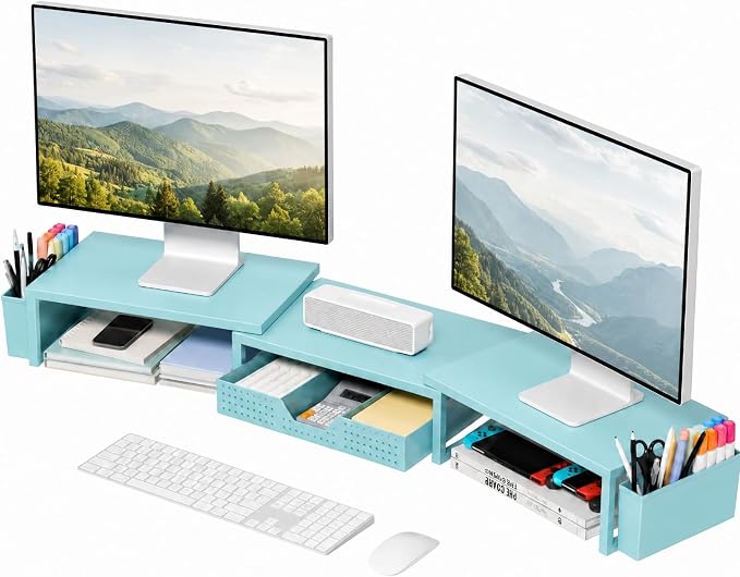 Desk Organizers and Accessories, Dual Monitor Stand Riser with Drawer and 2 Pen Holders, Desk Shelf Computer Racks for Office Workspace Organizers, Desktop Organization (Blue) by OPNICE