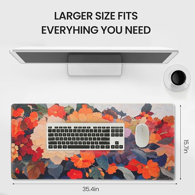 Extended Mouse Pad, Floral Design, 35.4 x 15.7 Inches, Microfiber Cloth Surface, Non-Slip Rubber Base, Rectangular Desk Mat for Gaming and Work - Image 6