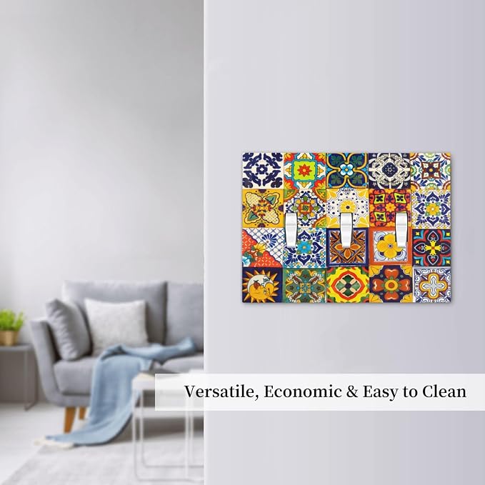 Decorative Light Switch Cover Plate Vintage Traditional Colorful Mexican Talavera Tiles Style 3 Gang Wall Plate Triple Toggle Switch Plate Covers 3 Hole Electrical Switchplate Dimmer Faceplate - Image 7