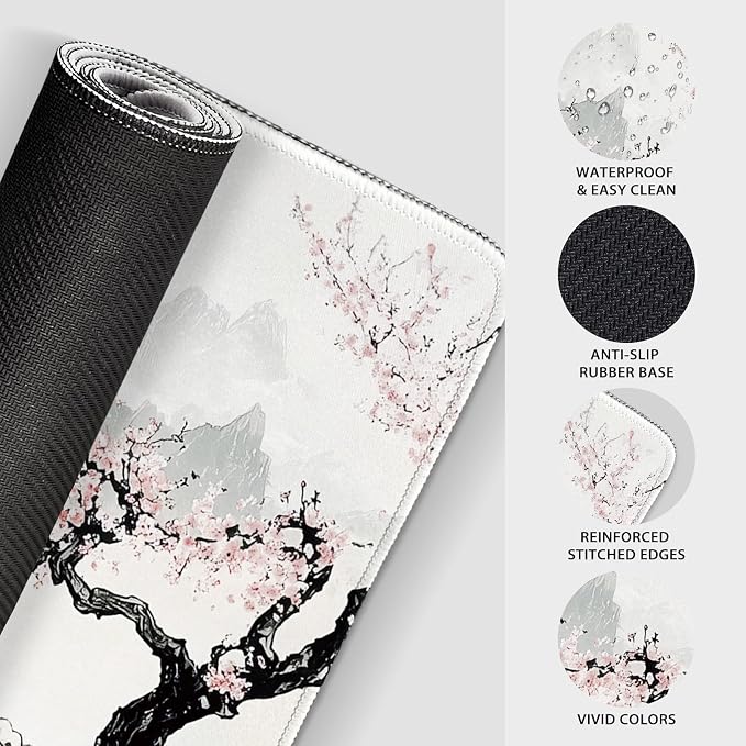 Japanese B&W Cherry Blossoms Gaming Mouse Pad Desk Mat 31.5"x15.7 | Extended Mousepad, Non-Slip Rubber Base , Stitched Edges, for Computer/Laptop/Office/Home - Image 6