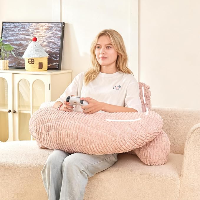17" Reading Pillow for Bed,U Shaped Arm & Elbow Support,Pink Corduroy | Backrest Supports Back,U Shaped Lap Pillow Cushions Arms,Elbows & Wrists,Ribbed Corduroy for Reading,Gaming,Watching TV by PAJEO