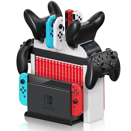 Switch Games Organizer Holder and Charging Dock for Nintendo Switch & Switch OLED Joy-Cons/Original Switch Pro Controller - Nargos Switch Storage Rack Stand Accessories kit by Nargos
