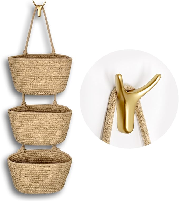 3-Tier Decorative Cotton Rope Hanging Basket, Wall-Mounted Woven Storage Organizer Bag, Jute by Unknown
