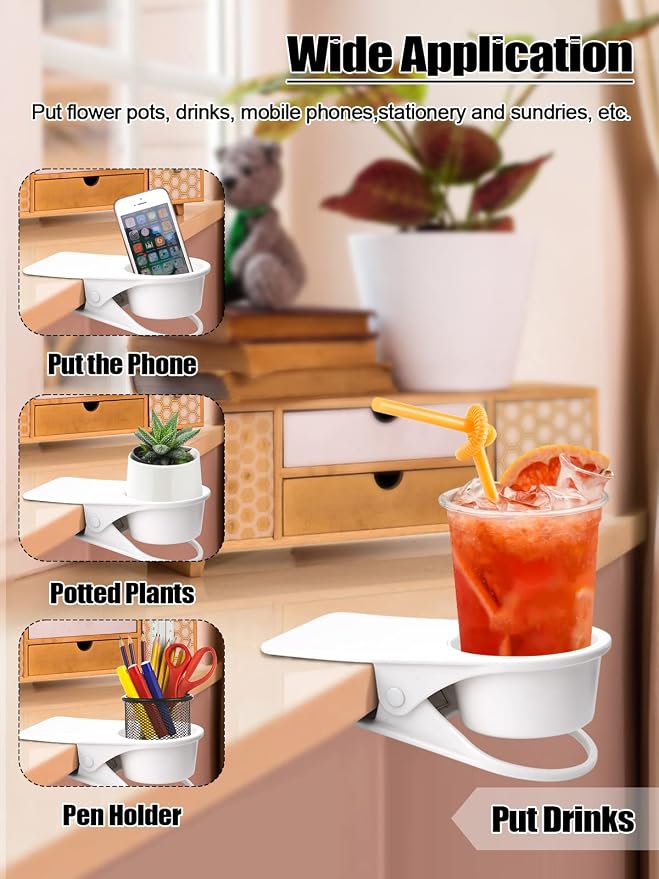 2PCS Clip on Cup Holder for Chair, Kalolary Desk Drink Holder Clamp, White - Image 6