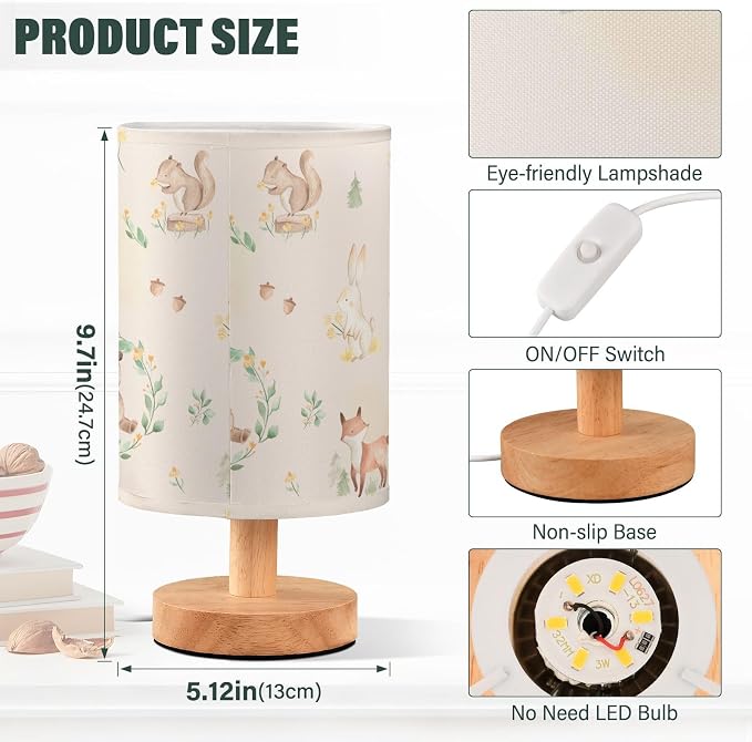 Bedside Table Lamp Woodland Animals Nightstand Lamp with Wood Forest Rabbit Deer Hedgehog Floral Desk Lamps for Bedroom Living Room Nursery Office Home Decor - Image 3