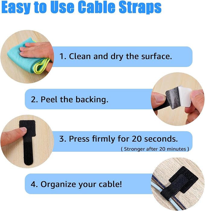 80PCS Hook and Loop Cable Ties, Under Desk Cable Management, Adhesive Cable Straps, Cord Management Hider Idea, Cord Organizer for Desk, Computer Accessories, Home Office Organization, White+Gray - Image 6