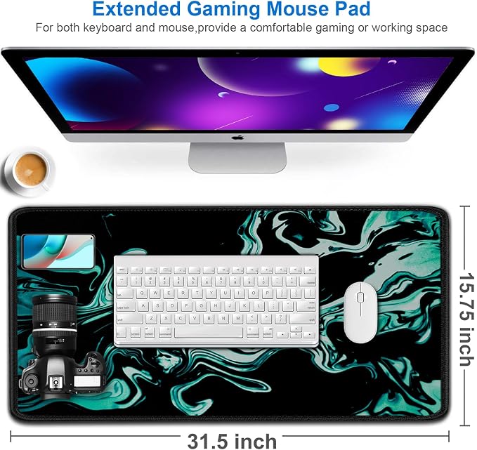 Large Mouse Pad, 31.5x15.7 inch Large Extended Computer Keyboard Mouse Mat, Water Resist Non-Slip Mousepad Rubber Base Long XXL Desk Mouse Pad for Gaming, Office & Home, Marble Cyan - Image 2