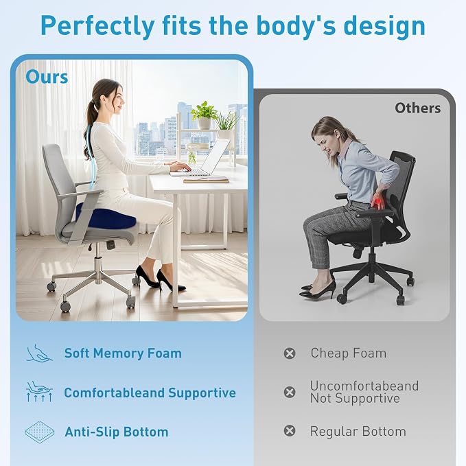 BlissTrends Extra Thick Seat Cushion for Office Chair & Car Seat, Blue | XX-Large Tailbone & Sciatica Relief, Ergonomic Support, High-Density Memory Foam, Comfort for Extended Sitting - Image 7