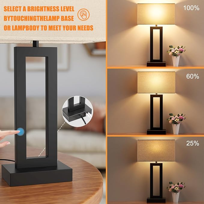 Seealle 22" Tall Living Room Lamps for Night Stands - Touch Bedside Lamp with USB C+A, 3 Way Dimmable Bedroom Lamps for End Tables Set of 2, Modern Night Stand Lamps for Bed Side(Beige&Black) - Image 3