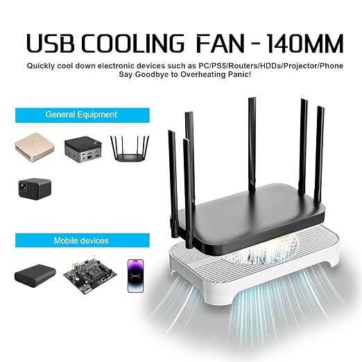 X3 USB Cooling Fan, 18dB Ultra-Quiet 140mm USB PC Fan with Built-in Cable & One-Touch Switch for Router, Receiver, Amplifier, DVR, PlayStation, Xbox, Computer Cabinet Electronics Cooling - Image 2