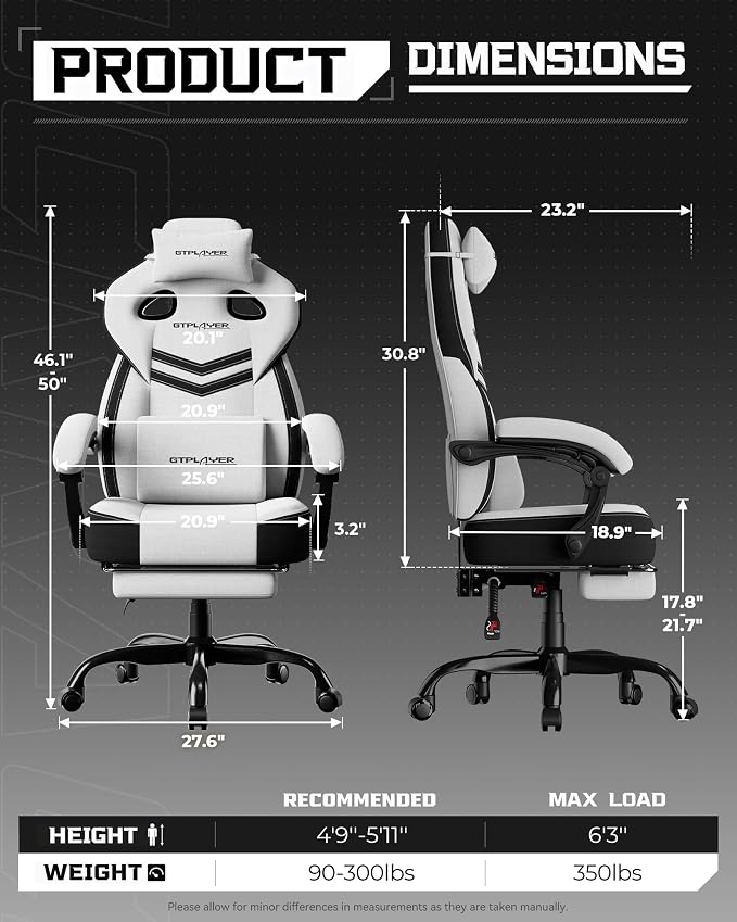 GTPLAYER Gaming Chair for Adults, Ergonomic High Back Chair with Footrest | Big & Tall Computer Video Gaming Chair, Comfort Wide Seat with Lumbar Support for Big/Tall, Office/Home, Linen, White Grey - Image 2