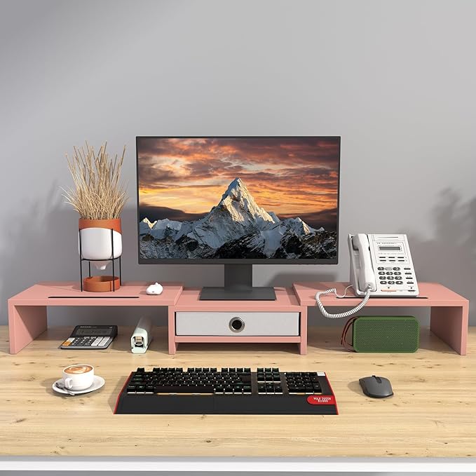 WESTREE Dual 3 Shelf Computer Riser with Drawer, Adjustable Length and Angle, Desktop 2 Monitor Stand Storage Organizer - Image 4