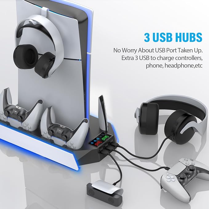 PS5 / PS5 Slim Cooling Station Stand LED with Dual Controller Charging Station for PlayStation 5 Console, PS 5 Accessories Incl. Controller Charger, Cooling Fan, Headset Holder, 3 USB Hub-White&Black - Image 5