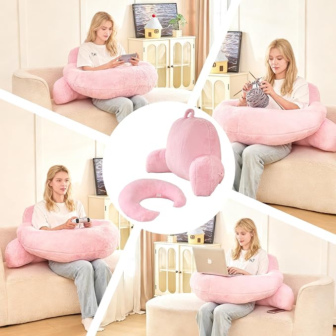 17" Reading Pillow for Bed,U Shaped Arm & Elbow Support,Pink Faux Fur | Backrest Supports Back,U Shaped Lap Pillow Cushions Arms,Elbows & Wrists,Plush Faux Fur for Reading,Gaming,Watching TV - Image 5