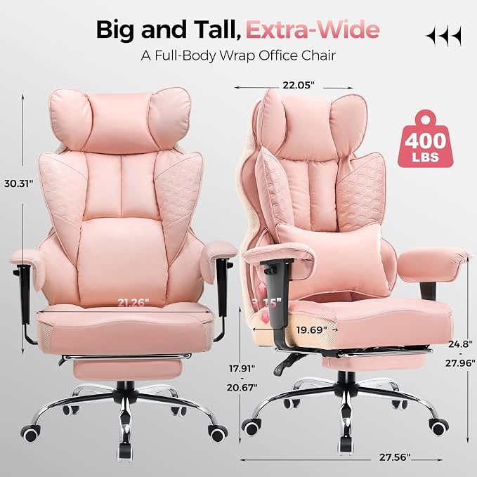 COMHOMA Big and Tall Office Chair Heavy Duty Wide Ergonomic Gaming Chair with Deluxe Embossing Designed Leather with Foot Rest,150°Reclining Adjustable Armrests Pocket Spring Back Support and Pillow - Image 2