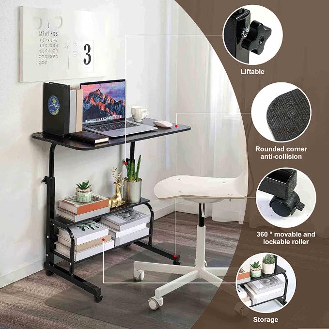 Adjustable Height Mobile Computer Desk with Wheels Black 31.5x15.7 Inch - Image 4