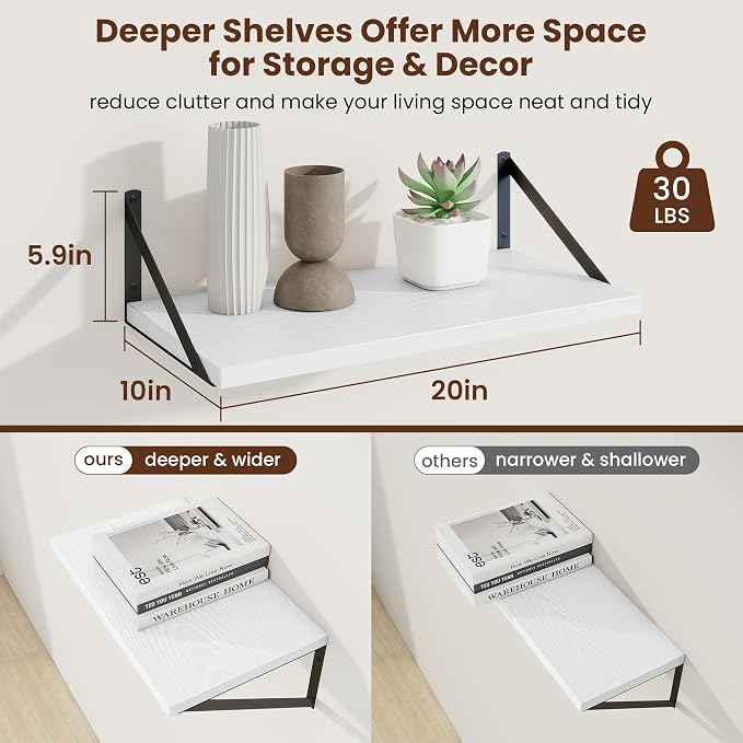 Axeman 20 Inch Floating Shelves, 10 Inch Deep White Wall Shelves Set of 2 - Image 3