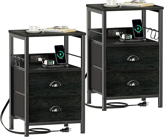 Furologee Nightstand Set of 2, Black Oak, with Charging Station and USB Ports, Side Tables with 2 Fabric Drawers, Bedside Tables with Storage Shelf & Hooks, for Living Room/Bedroom by Furologee