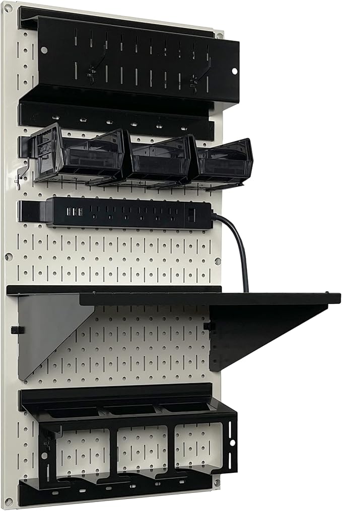 Wall Control Power Tool Storage Organizer Kit Cordless Drill Holder Charging Station Rack 16” x 32” Metal Pegboard Organization System (Beige Pegboard) - Image 2