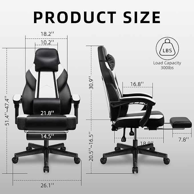 Shintenchi Gaming Chair,Video Game Chair with footrest and Massage Lumbar Support,Height Adjustable Game Chair with 360°Swivel Seat Ergonomic Computer Chair with Headrest for Office or Gaming(White) - Image 2