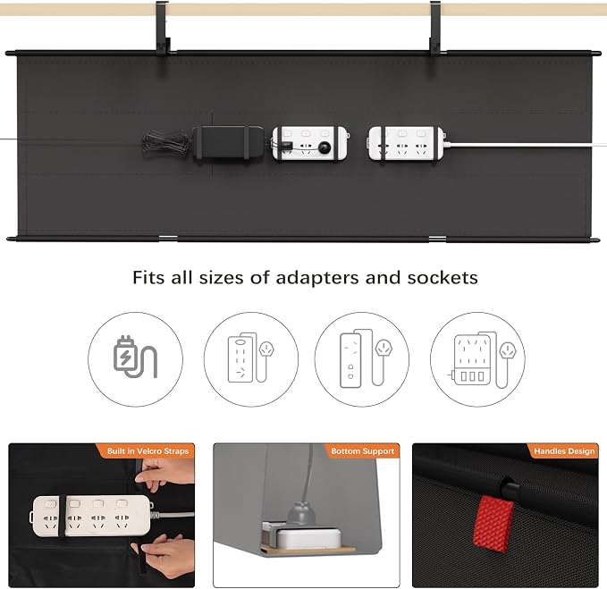 Under Desk Cable Management Tray, 48" Fabric Wire Cord Organizer, Black - Image 2