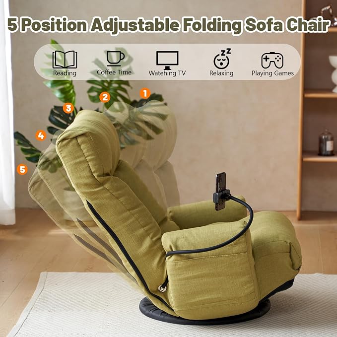 360° Swivel Gaming Floor Chair, 5 Position Adjustable Folding Sofa Chair with Armrests & Phone Holder, Cushion Padded Indoor Chaise Lounge for Adults, Home Office Floor Leisure Chairs, Green - Image 5